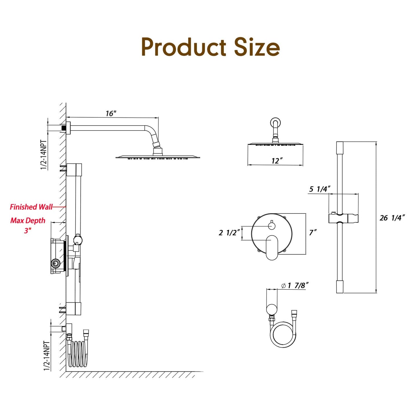 Gabrylly Shower System, High Pressure 12" Rain Shower Head with Handheld Shower,Wall Mounted Slide Bar Shower Faucet Set Complete, Shower Combo Set with Shower Valve,Matte Black