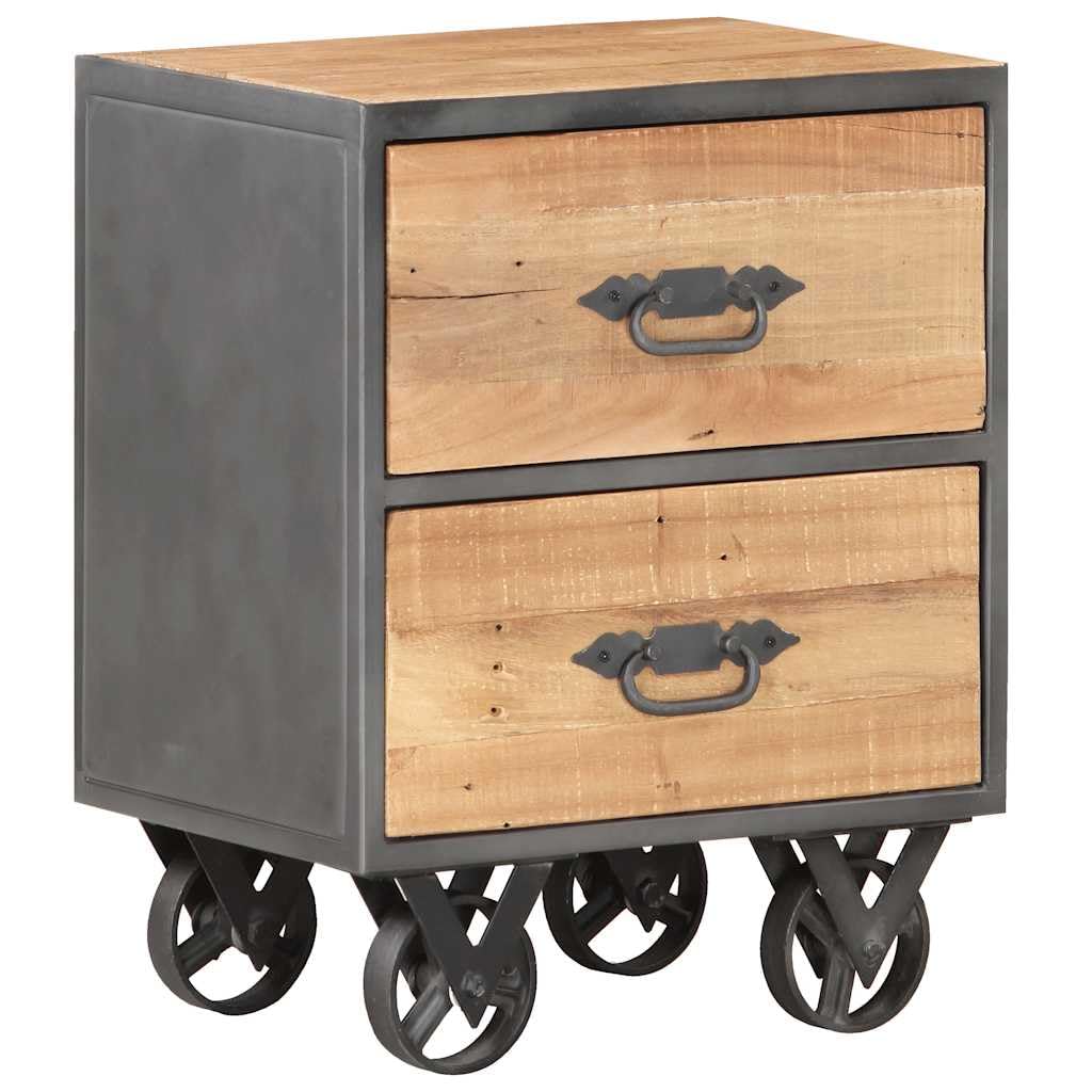 WXGTBKPR Industrial Bedside Cabinet with 2 Drawers, Reclaimed Wood Nightstand with Wheels, Vintage Side Table for Bedroom Storage, Brown