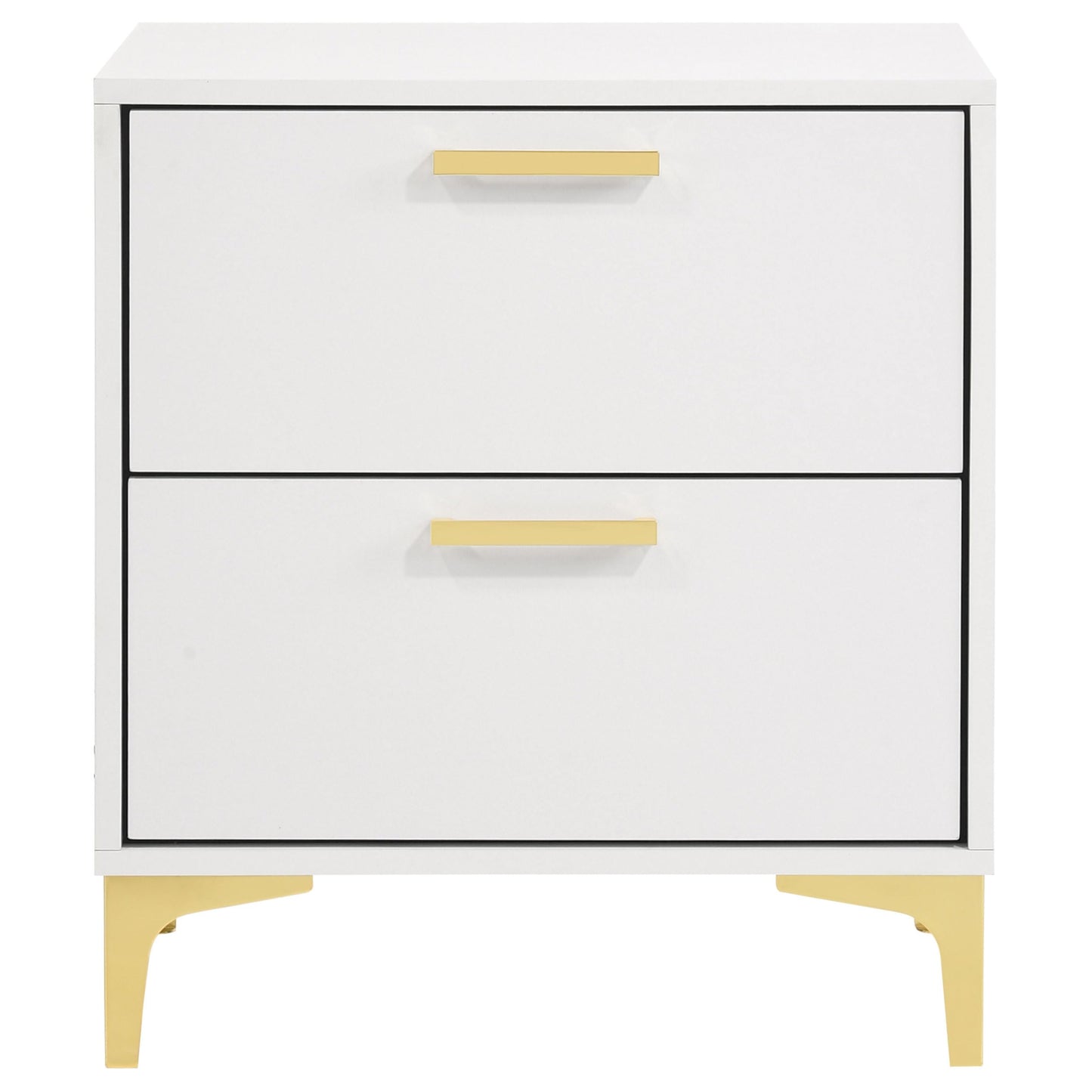 Coaster Home Furnishings Kendall 2-Drawer Contemporary Nightstand Bedroom Storage Cabinet Bedside Table Engineered Wood Eco-Friendly Laminate with Gold Metal Legs and Handles White 224402