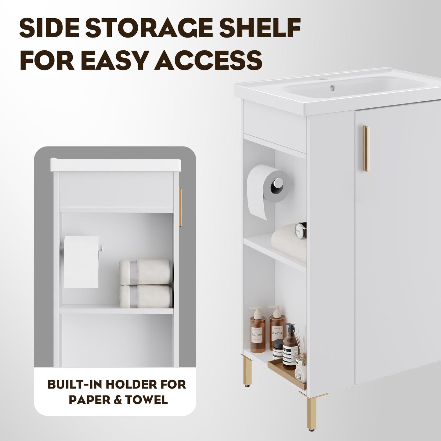 phiestina 20 Inch White Pre-Assembled Small Bathroom Vanity Cabinet with Ceramic Sink, Soft-Close Door, Left Side Storage, Space-Saving Design, No Faucet,BV05-20-WHITE-PLUS