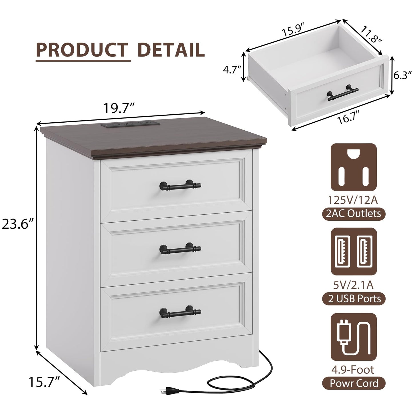 Nightstand Set of 2, Farmhouse Night Stand with Charging Station, White Wood Bedside Table & End Table with 3 Drawers, Side Table Storage Cabinet with Metal Handles for Bedroom, Living Room