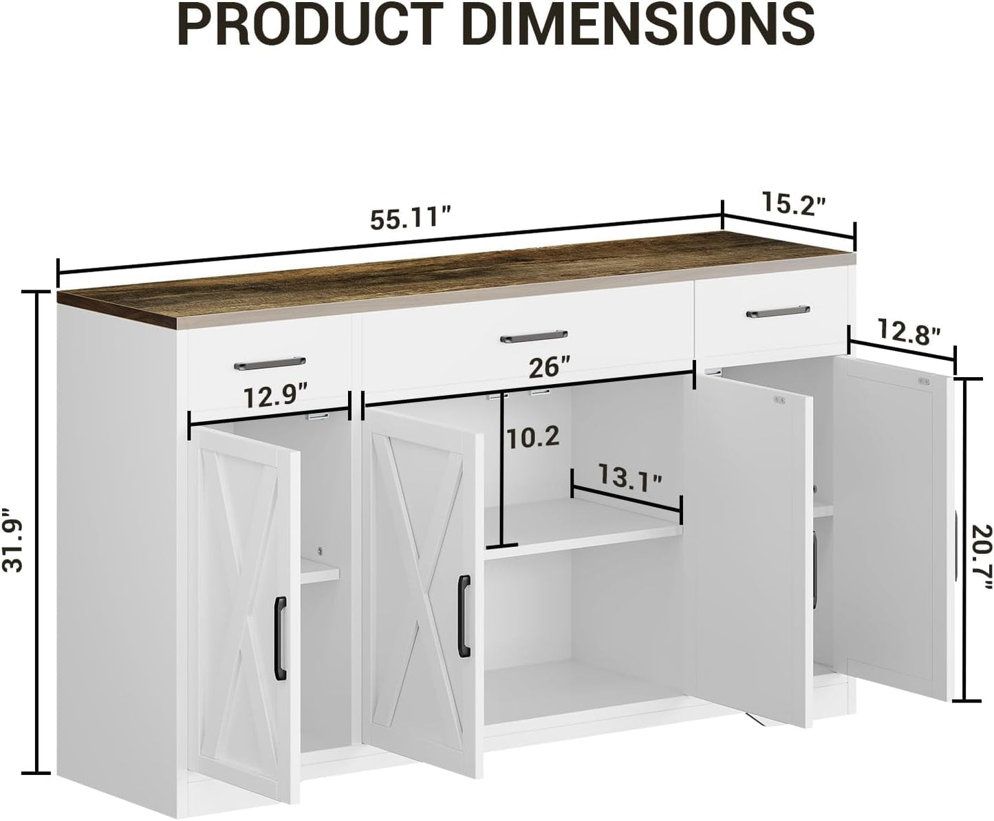 BouPower 55 Inch Farmhouse Sideboard Buffet Cabinet with Storage & 3 Drawers & Barn Doors Large Modern Wood Coffee Bar Buffet Table, Dining Room Storage Cabinet for Dining Room, Kitchen, Living Room