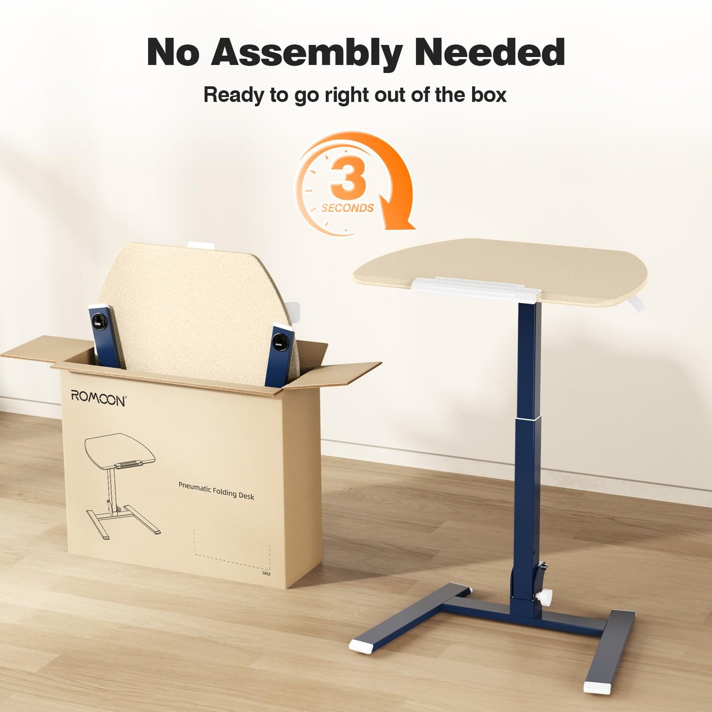 ROMOON Foldable Standing Desk with No-Assembly Design, Rolling Height-Adjustable Sit-Stand Table with Wheels, Space-Saving Portable Laptop Cart for Home Office and Small Space (Oat Yellow)