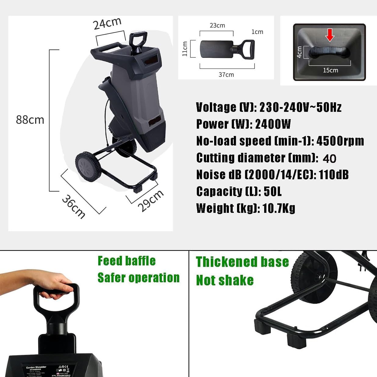 CYMYYDS 2400W Electric Wood Chipper, High-Power Garden Shredder Crusher, Crush up to 40mm, with Wheels and 50L Collection Bag for Garden Debris, Leaves and Branches Grey