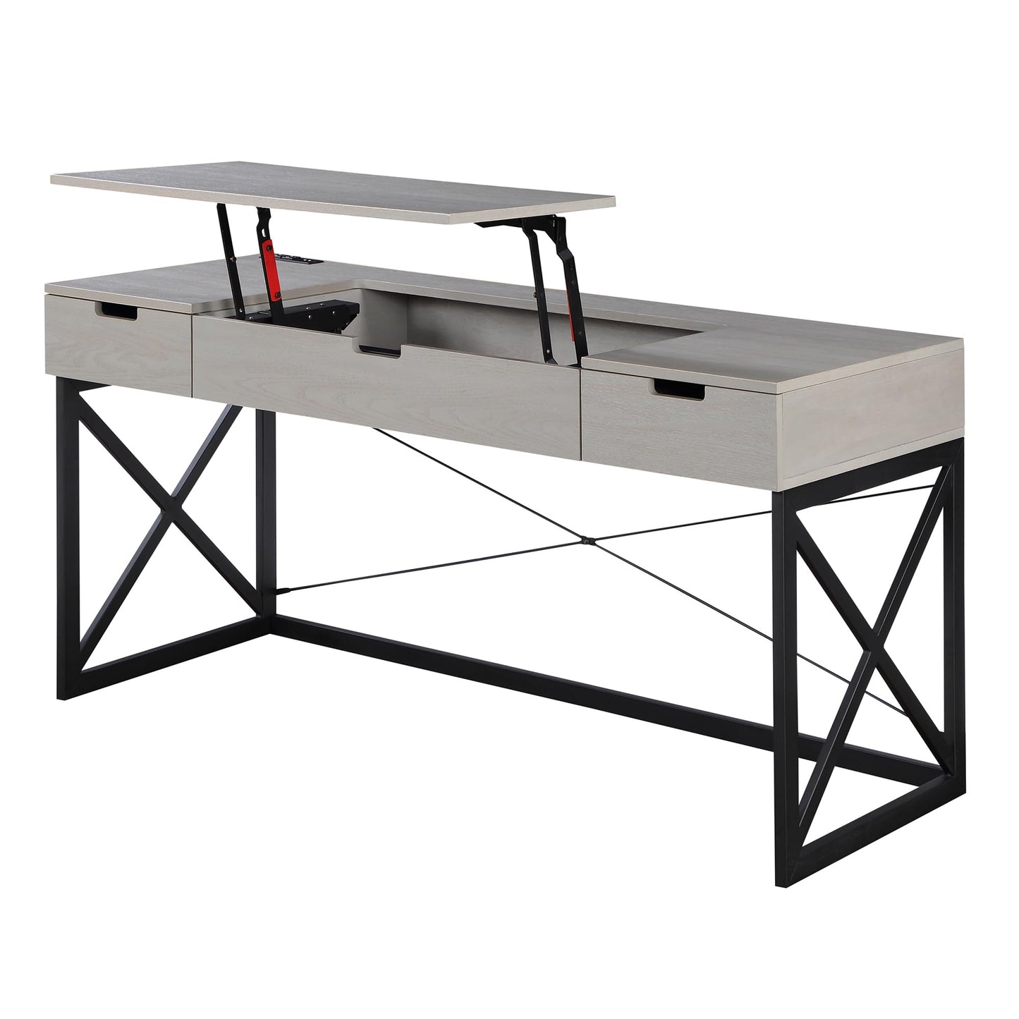 24/7 Shop at Home Ashiya Transitional 2 Drawers Metal Hidden Storage Desk with Lift-Top, USB Port, Power Outlet for Workstation, Home Office, Study Room, Antique Gray