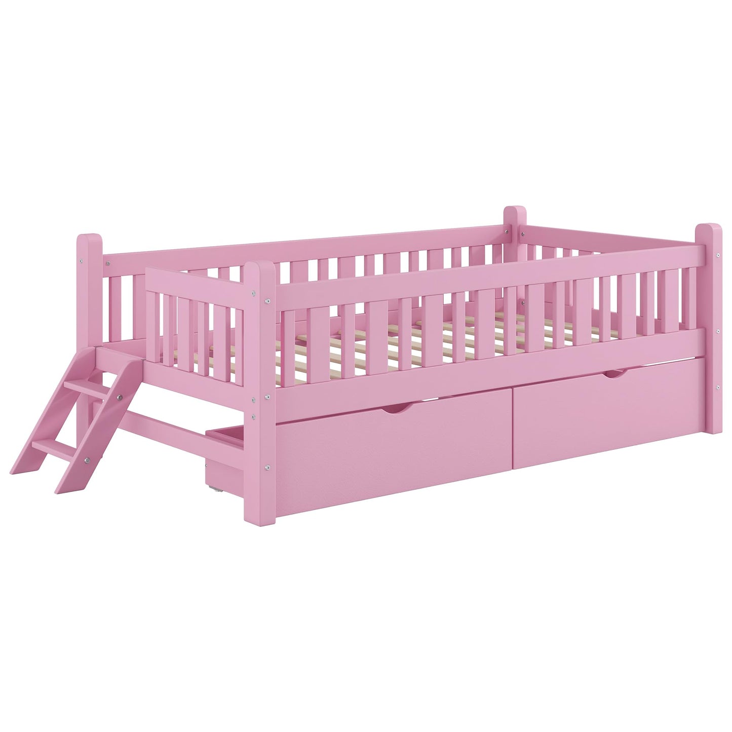 Bellemave Twin Size Kids Montessori Bed with Stairs,Solid Wood Twin Size Kids Bed Frame with Storage Drawers for Girls Boys,Low-Profile,Pink
