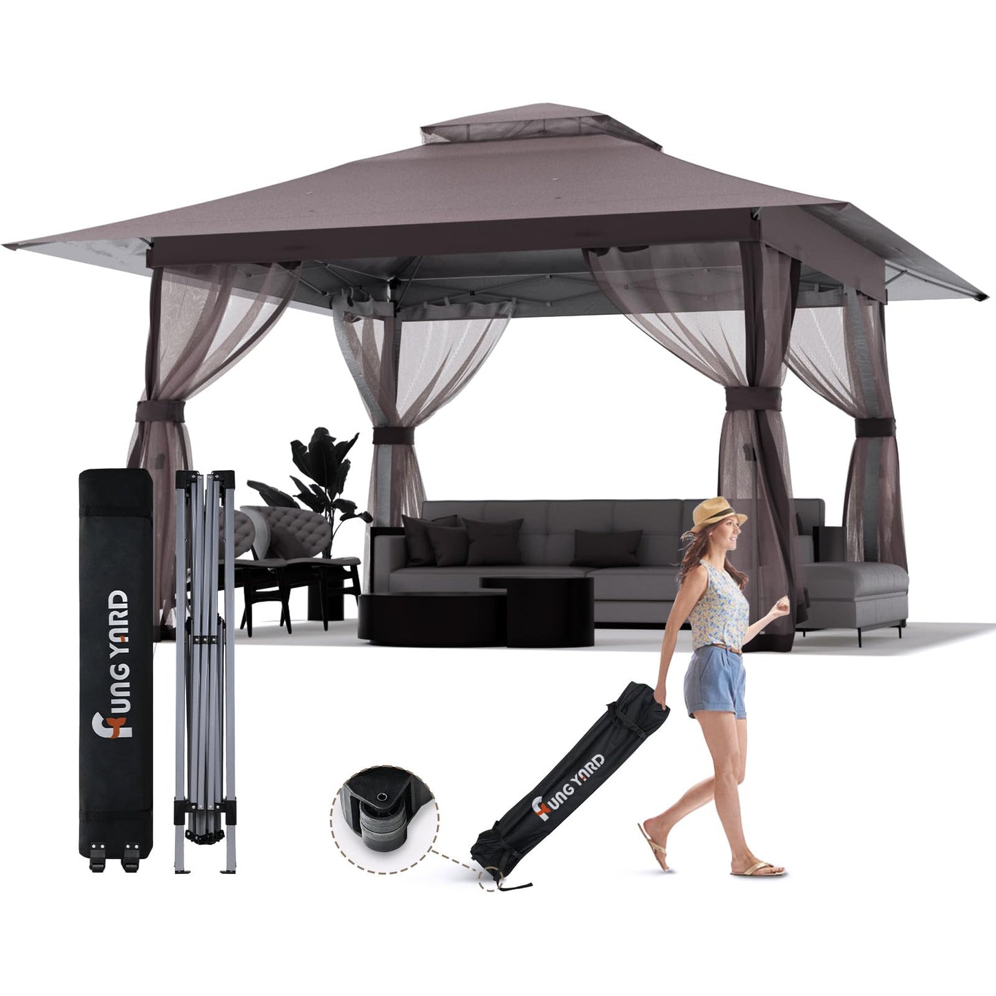 13x13 Outdoor Patio Gazebo with Mosquito Nettings - Double Roof Pop Up Canopy Tent with Wheeled Carry Bag, for Backyard Deck Lawns Garden (Brown, 13X13)