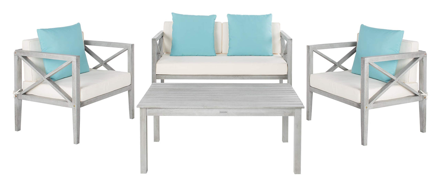Safavieh PAT7031A Collection Nunzio Teak and White and Navy 4 Pc Accent Pillows Outdoor Set