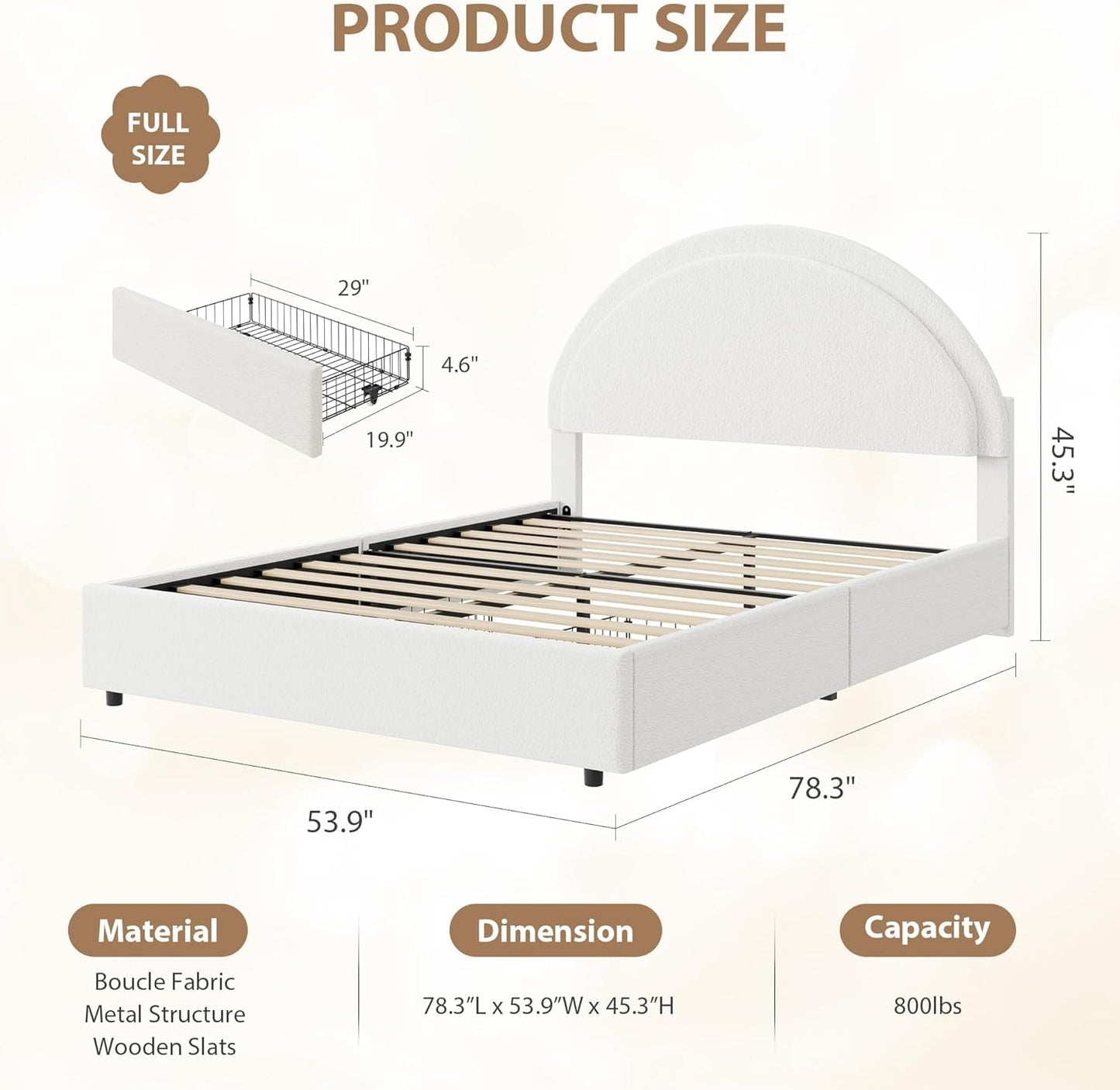 PeacefulHues Full Size Bed Frame with Storage Drawers, Upholstered Boucle Platform Bed with Round Headboard, No Box Spring Need, Sturdy Metal Slats Support, Easy Assembly, White