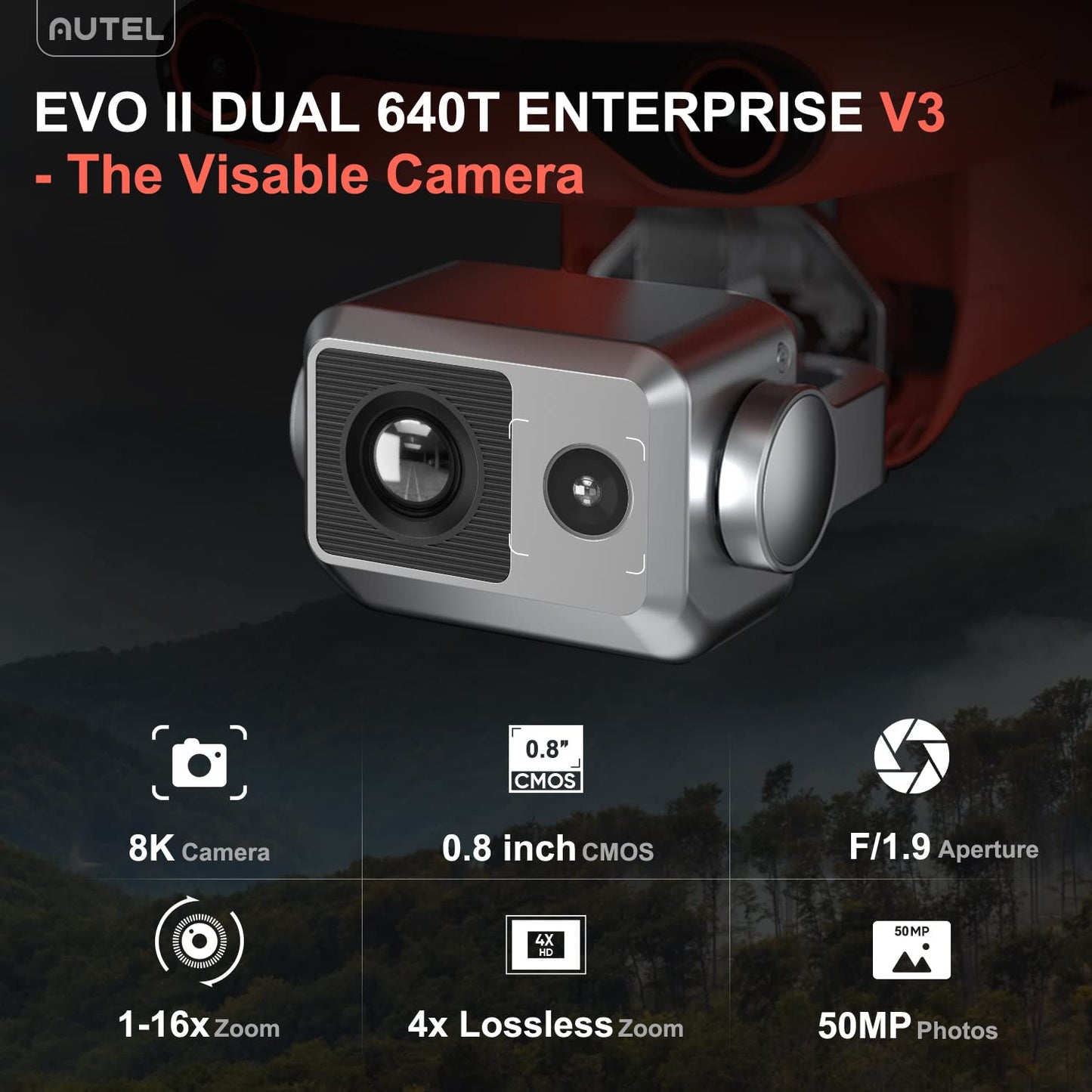 Autel Robotics EVO II Dual 640T Enterprise V3, Support Remote ID, 640 * 512@30 fps T~hermal Imaging, 0.8" RYYB CMOS 8K Sensor, DRI Ranges, 1-16x Zoom, 42 Mins,15KM Transmission