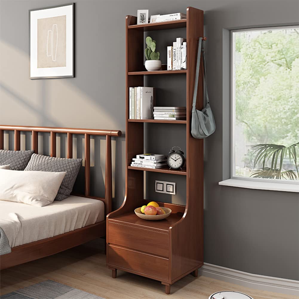 IOTXY Walnut Bedside Table Bookshelf - 71" Tall Free Standing Wooden Open Shelf Bookcase with Drawers and 4-Shelves for Bedroom, Bed Side End Table, Nightstand