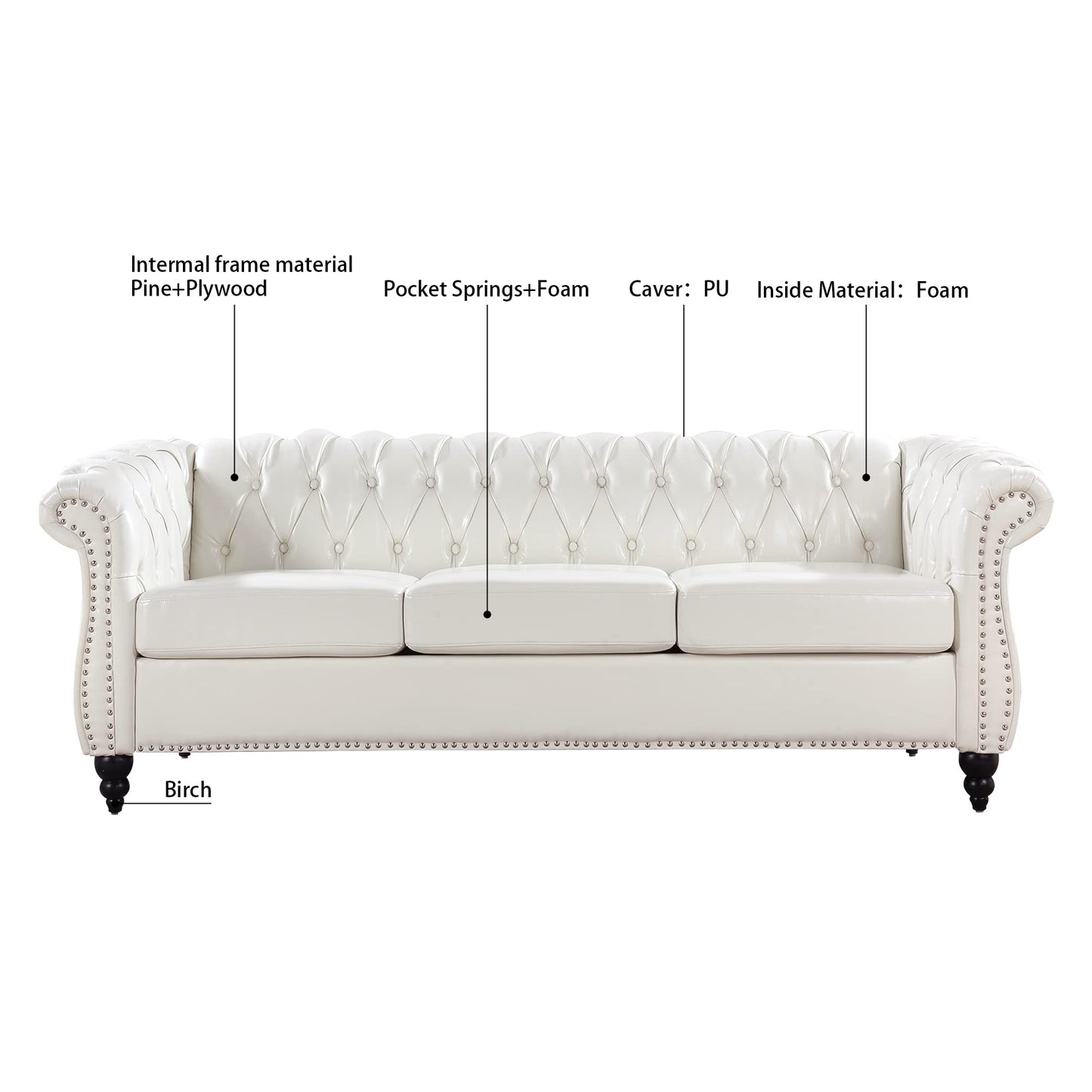 KEIKI 85" PU Leather 3-Seater Chesterfield Sofa with Cushions and Rolled Arm, Deep Pull Buckles Design Modern Style Comfy Couch with Birch Legs, Easy Assembly, for Living Room, White