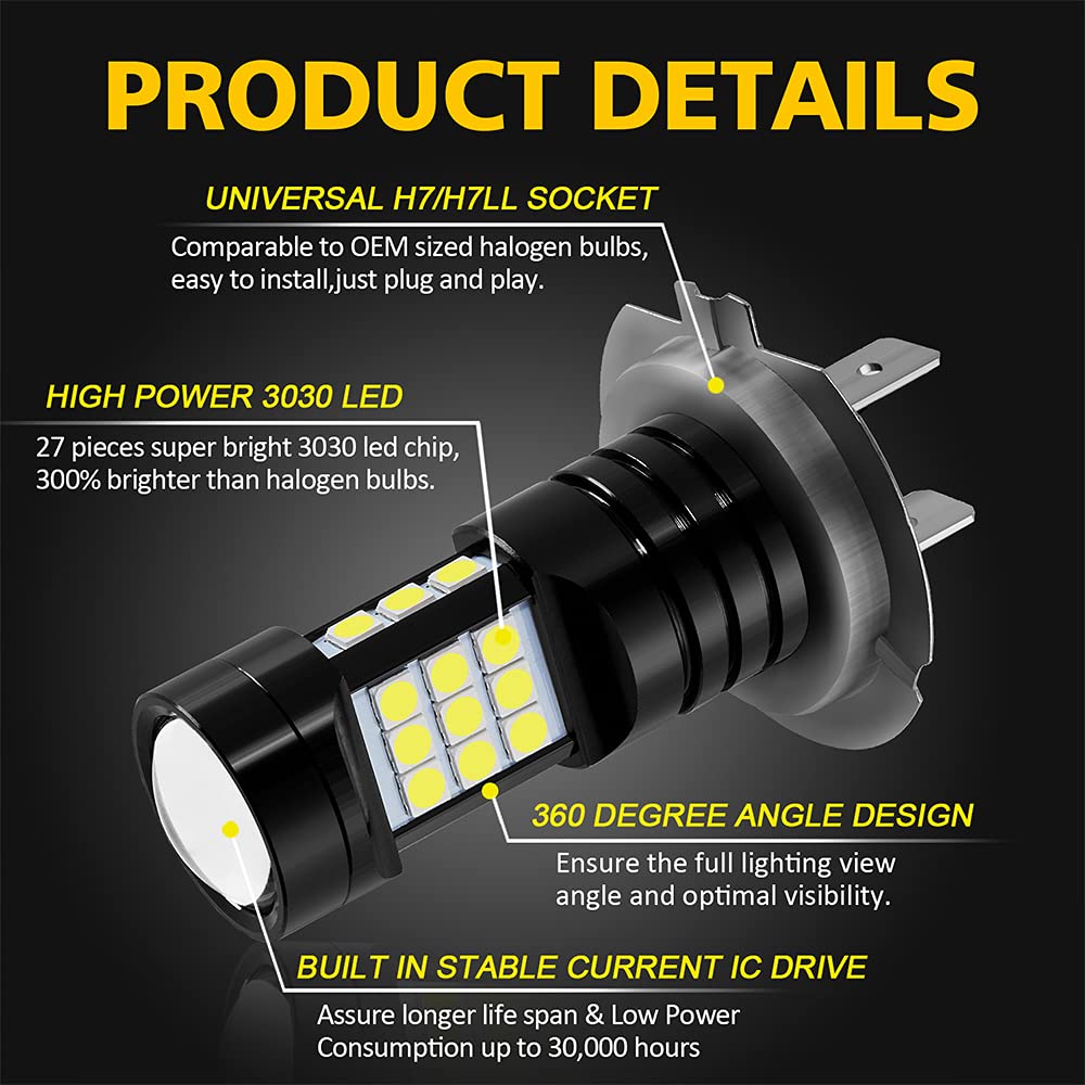 AUXLIGHT H7 H7LL LED Fog Light Bulbs, 2400 Lumens, Aluminum, Xenon White