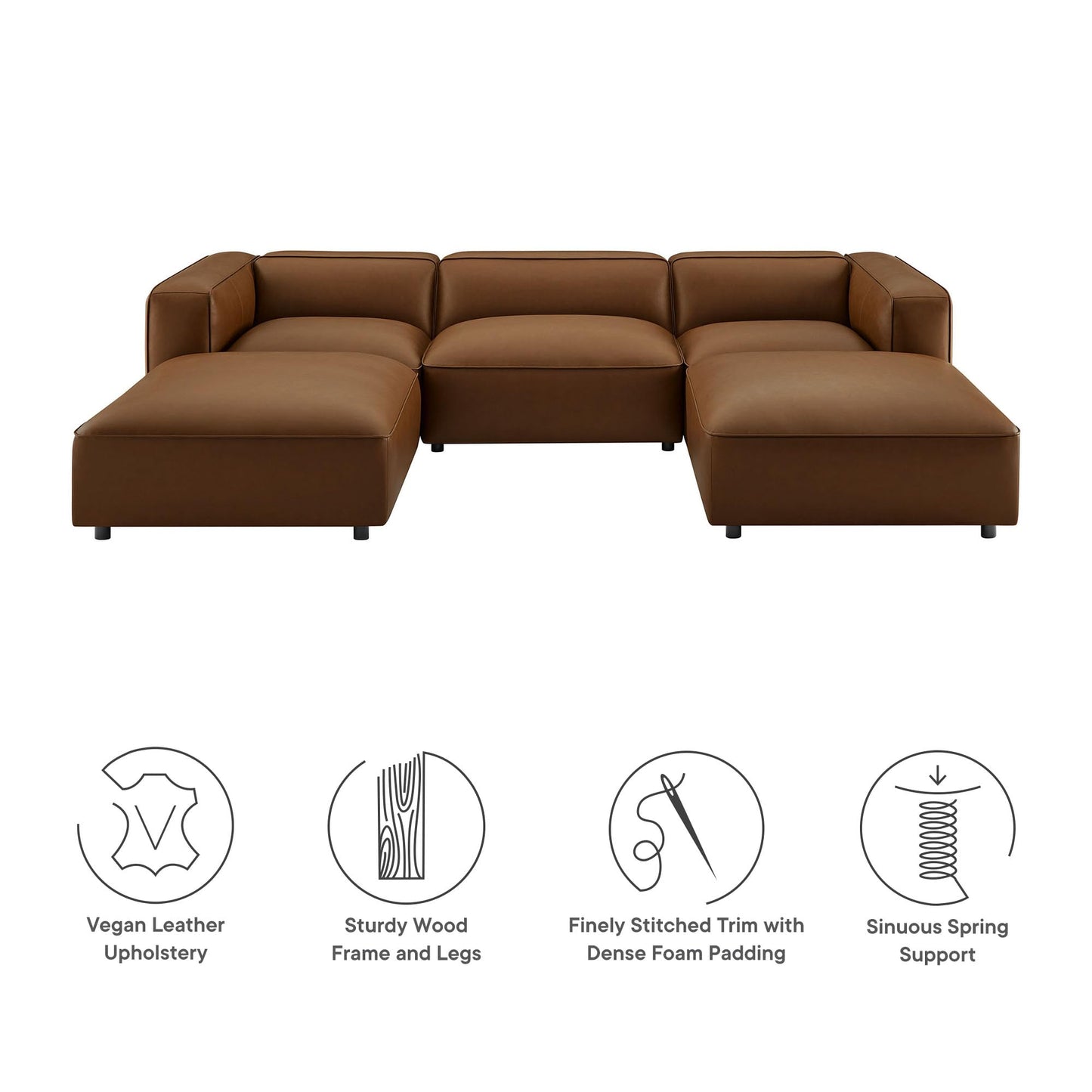 Modway Auren Vegan Leather 5 Piece Modular U-Shaped Sofa in Coffee - Faux Leather Sectional - Comfy PU Leather Sofa - Oversized Mid Century Modern Couch for Living Room or Apartment