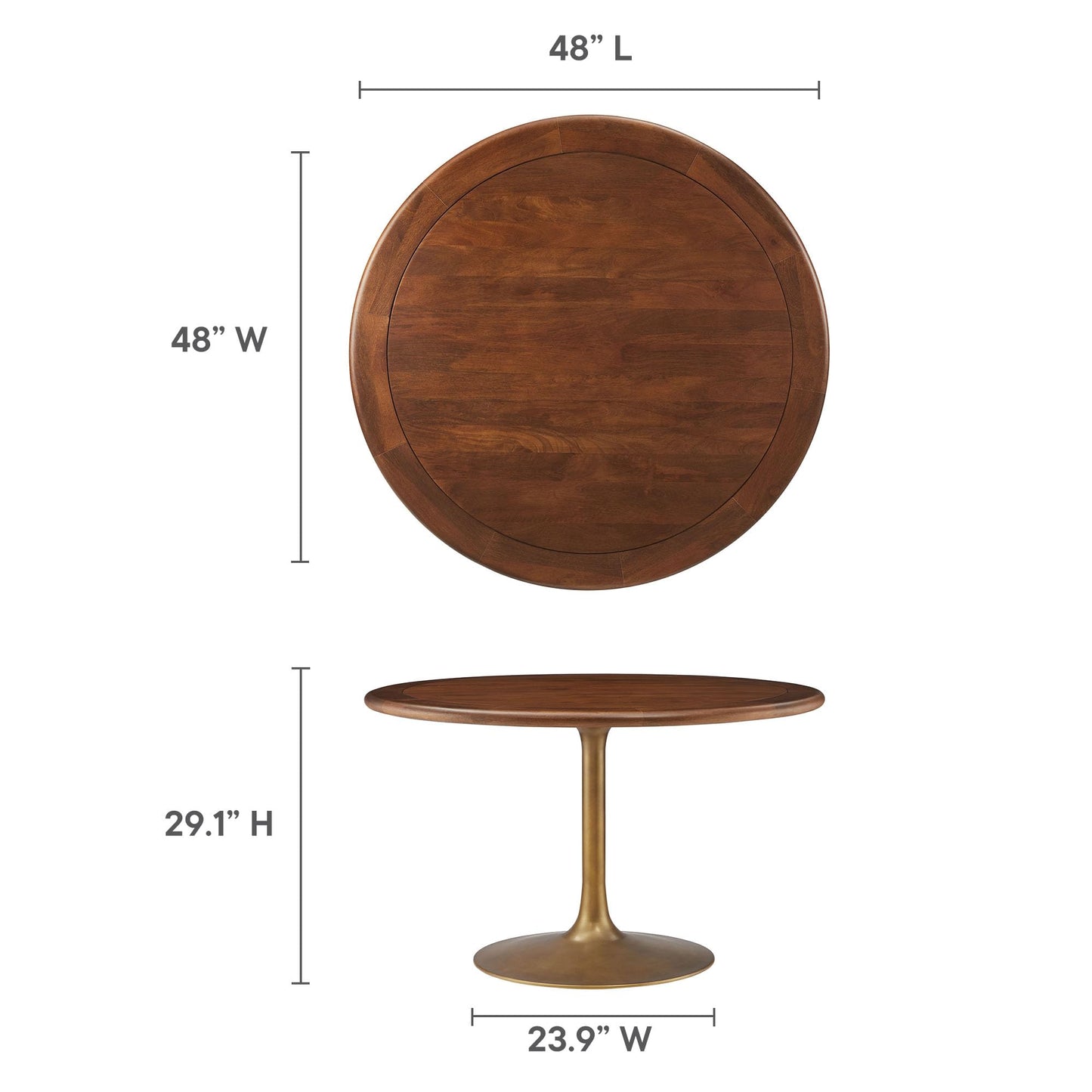 Modway Lippa 48 Inch Round Wood Dining Table with Metal Pedestal in Brass Walnut - Modern Industrial Dining Table for 4 People - Solid Wood Tulip Kitchen Table