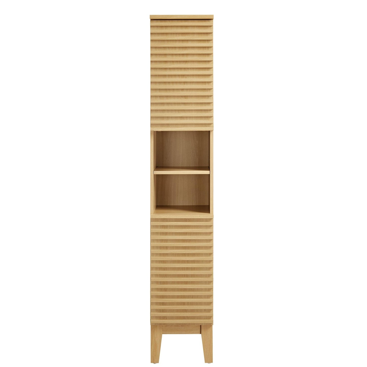 Modway Render Tall Narrow Bathroom Storage Tower in Oak - 63” Freestanding Linen Cabinet with Open Shelves and 2 Soft-Close Doors - Slim Towel and Makeup Organizer