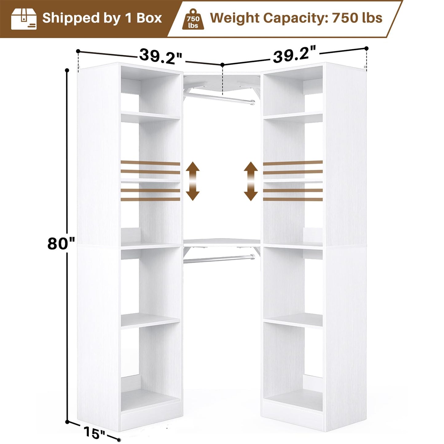 Besiost Corner Closet System with 12 Shelves, 39.2" Corner Closet Organizer System with 2 Hanging Rods, Versatile 6-Tier Walk-in Closets for Corner Space, White (39.2" L x 39.2" W x 80" H)