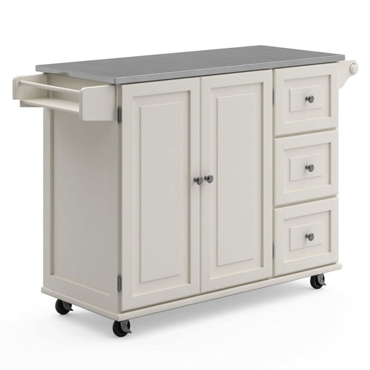 53.5" Kitchen Island Cart with Storage, Rolling Kitchen Cart on Wheels with Stainless Steel Top, Mobile Prep Station with Drawers, Cabinets, Adjustable Shelves & Towel Rack, Solid Wood, Off White