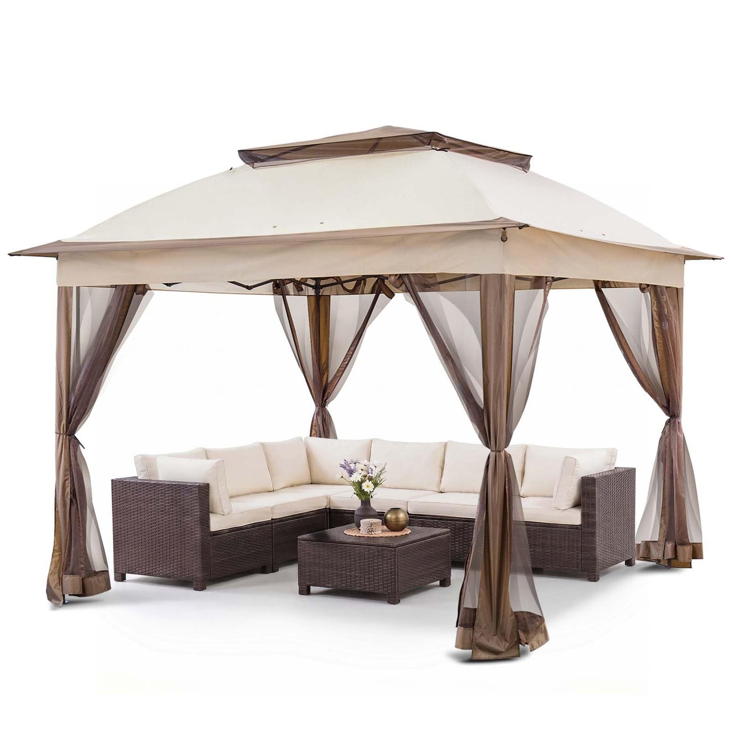 COOS BAY 11x11 Pop Up Gazebo with Mesh Netting, Instant Outdoor Canopy Tent, Water Resistant Shelter with UPF 50+ UV Protection, 121 Sq Ft Coverage, Beige
