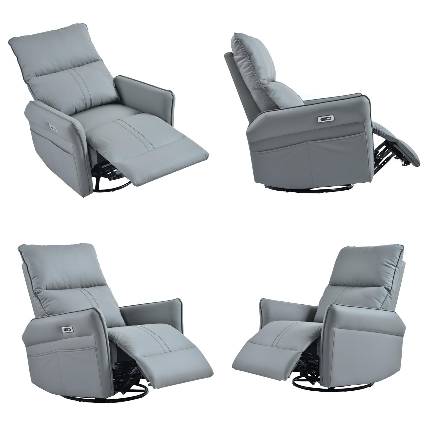 KEIKI 270 Degree Power Swivel PU Leather Power Recliner Chair, Nursery Recliners, Home Theater Recliner Chair, Rocking Chair Electric Glider Reclining Sofa with USB Ports, Blue Gray