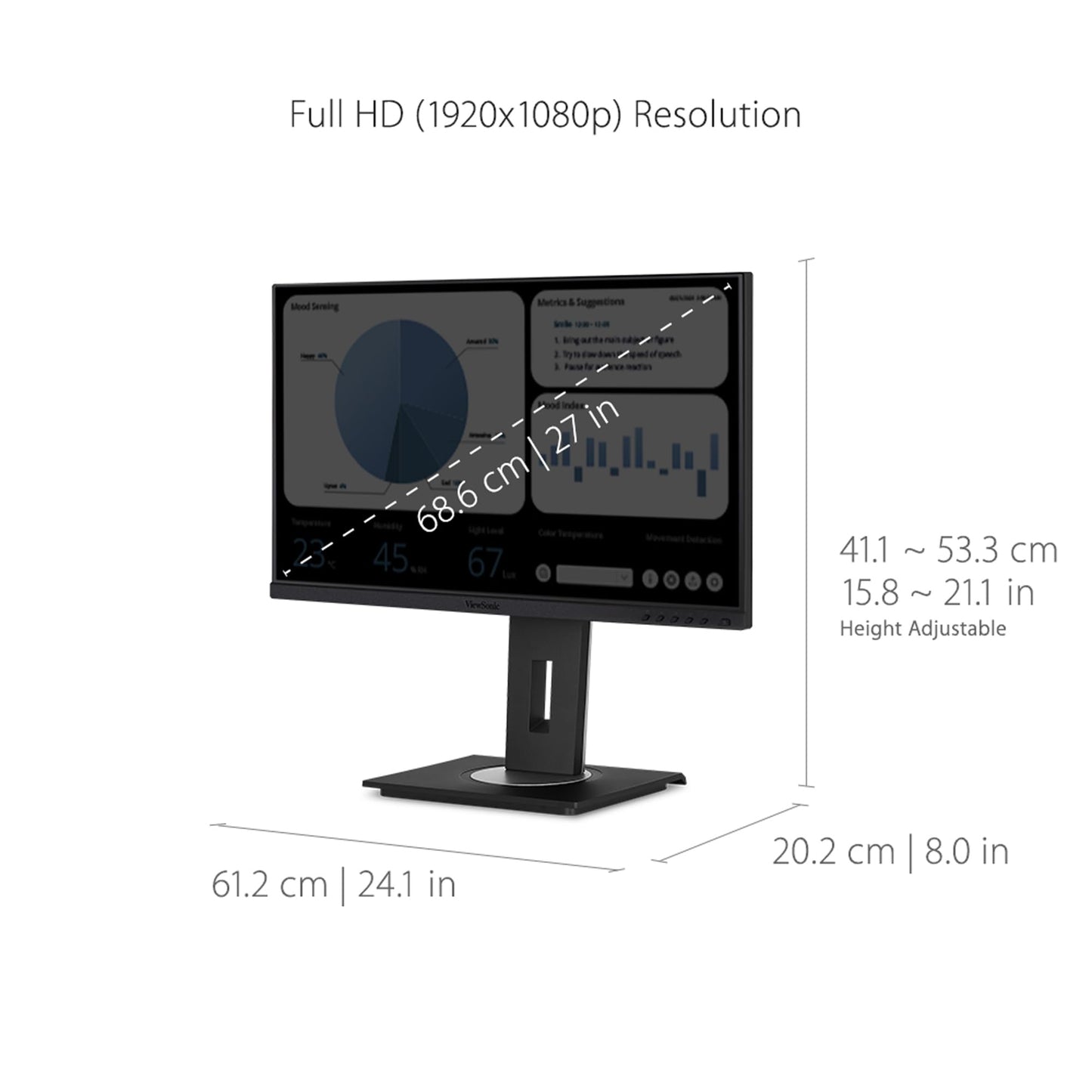 ViewSonic VG2748A 27 Inch IPS 1080p Ergonomic Monitor with Ultra-Thin Bezels, HDMI, DisplayPort, USB, VGA, and 40 Degree Tilt for Home and Office, Black