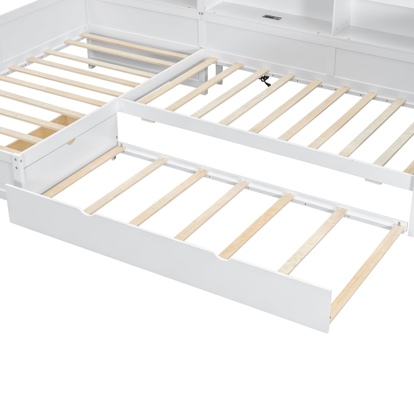 Merax L-Shaped Twin Bed for 2 with Trundle for 3, Wood Corner Platform Bed Frame with 1 Drawer & 5 Storage Shelves & Charging Station for Bedroom Guest Room, No Spring Box Needed (White)