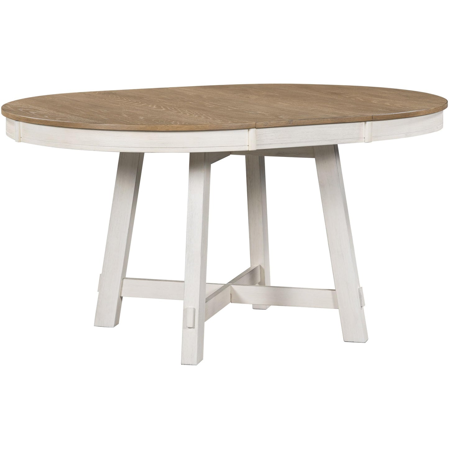 GDFStudio 42"-58" Farmhouse Extendable Dining Table for 4-6, Solid Wood Round Dining Table with 16" Leaf & X-Shaped Base, Kitchen & Dining Room Table, Space Saving, Oak Natural Wood+Antique White