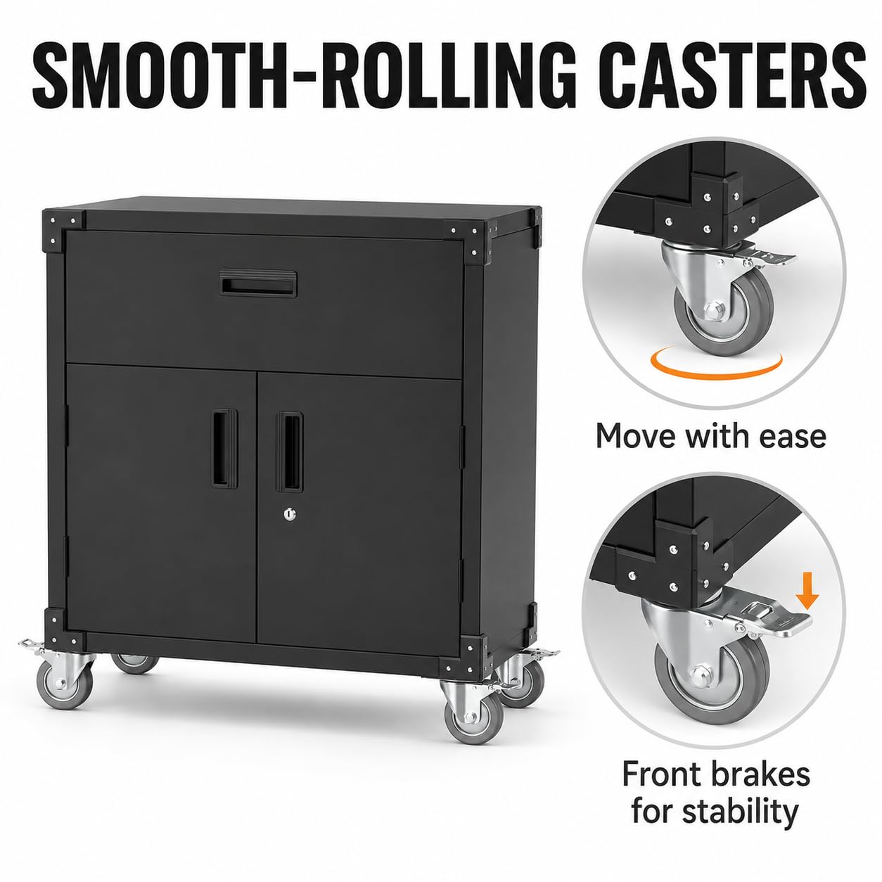 EliteEdge 31" Metal Storage Cabinet with Drawers and Wheels, Lockable Rolling Tool Cabinet, Heavy Duty Steel Utility Cabinet for Garage Workshop, Adjustable Shelf, Locking Wheels, Black