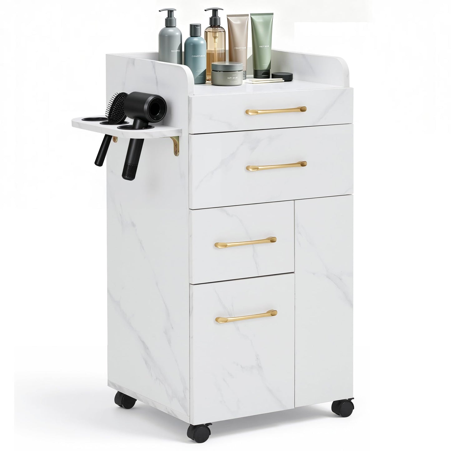 BarberPub Salon Trolley Cart with Lockable Wheels, Hair Styling Utility Rolling Cart for Storage DC2053 (White)