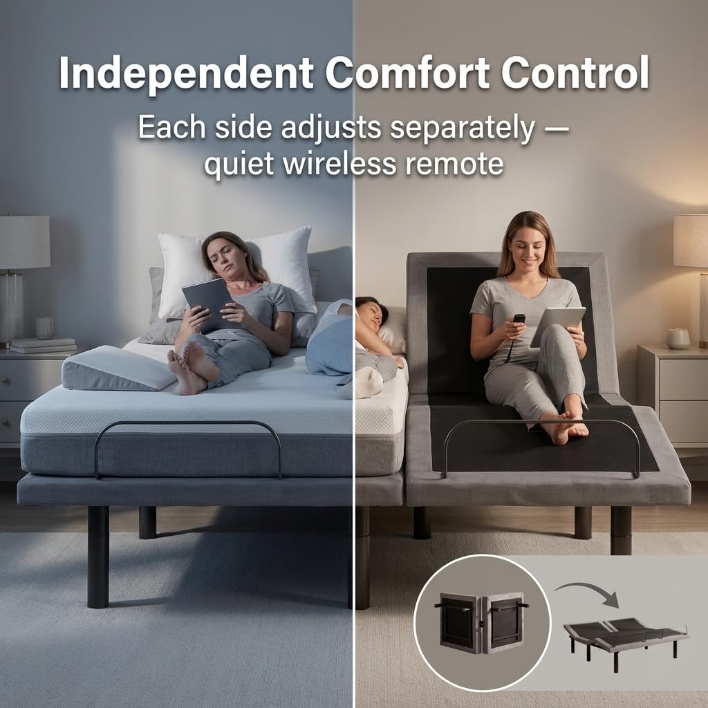 Oftenlucky Queen Size Bed Frame Split Adjustable Bed Base with Head and Foot Position Adjustments| Wireless Remote Control| Dual Motor Queen Adjustable Bed Frame with Remote| Steel Construction