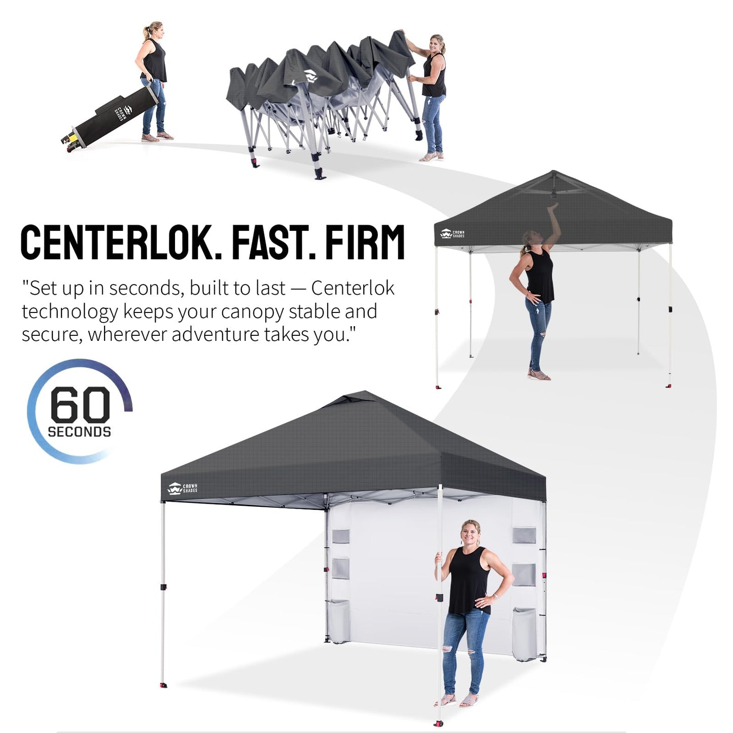 CROWN SHADES Canopy Tent 10x10 Pop Up Canopy Outdoor Shade with Pockets Sidewall, Easy Up Sun Shelter with One Person Set Up Center Lock, Portable Instant Camping Beach Canopies Tents, Grid Grey
