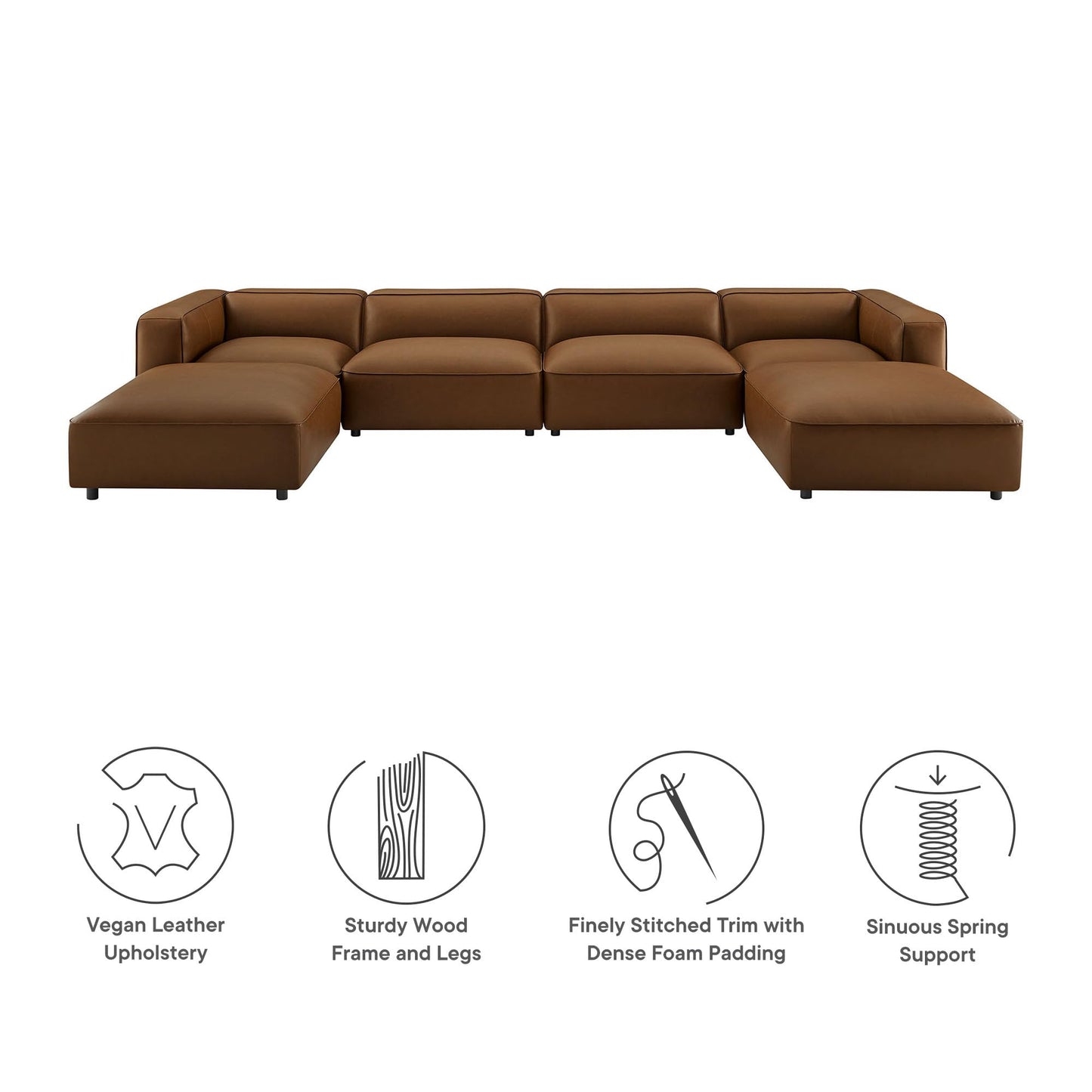 Modway Auren Vegan Leather 6 Piece Modular Sofa in Coffee - Faux Leather 4 Seater Sectional - Comfy Modern L Shaped Sofa - Oversized Mid Century Modern Couch for Living Room
