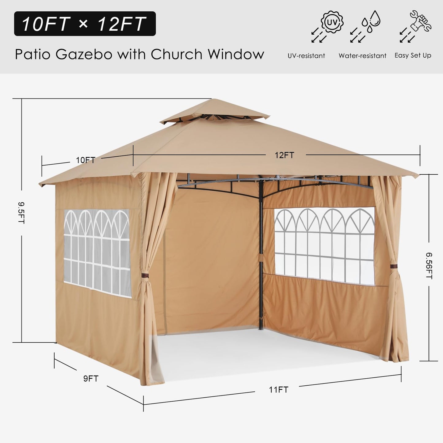 MASTERCANOPY Patio Gazebo Steel Frame Outdoor Gazebo with Windows Curtains (10x12,Beige)