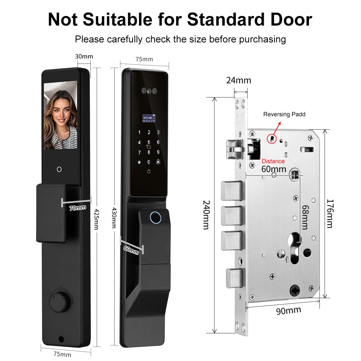 3D Facial Recognition Smart Door Lock with Palm Vein Recognition, 8-in-1 Keyless Entry System, High-Definition Video Screen, Fingerprint, Ic Card, App-Based Remote Unlocking, Wi-Fi, Auto-Lock