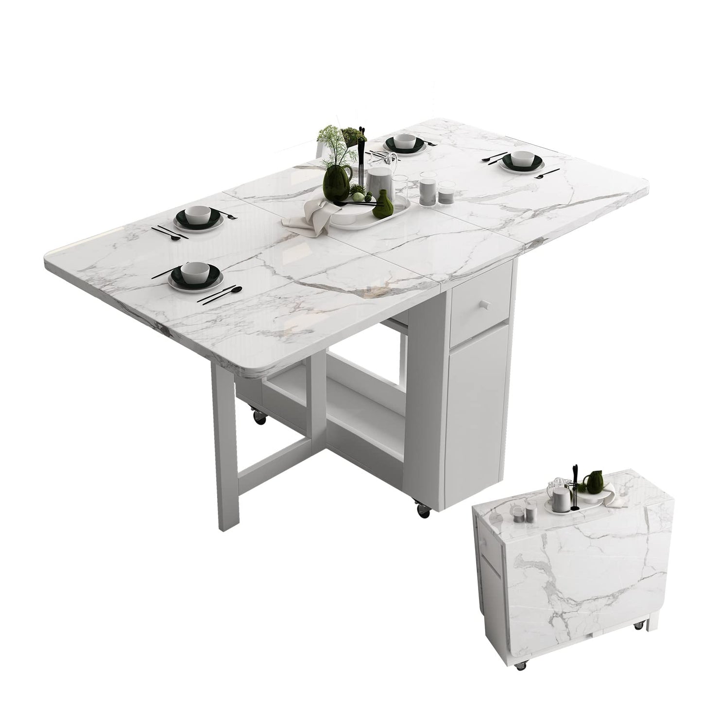 FUNROLUX Folding Dining Table with Rack and 2 Storage Drawers, Movable Extendable Space Saving Kitchen Table in 3 Forms (White)