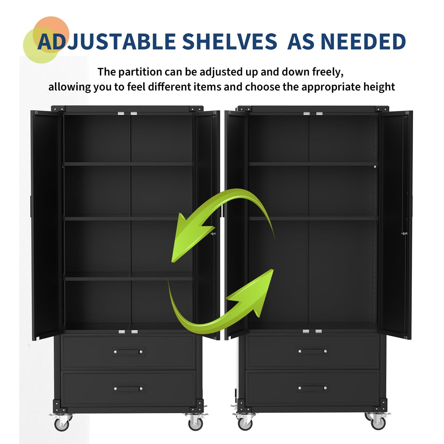 GarveeHome 72 in Metal Storage Cabinet with Wheels, Locking Doors & 2 Drawers,Heavy Duty Rolling Garage Organizer with 3 Adjustable Shelves for Home/Office/Workshop/Warehouse