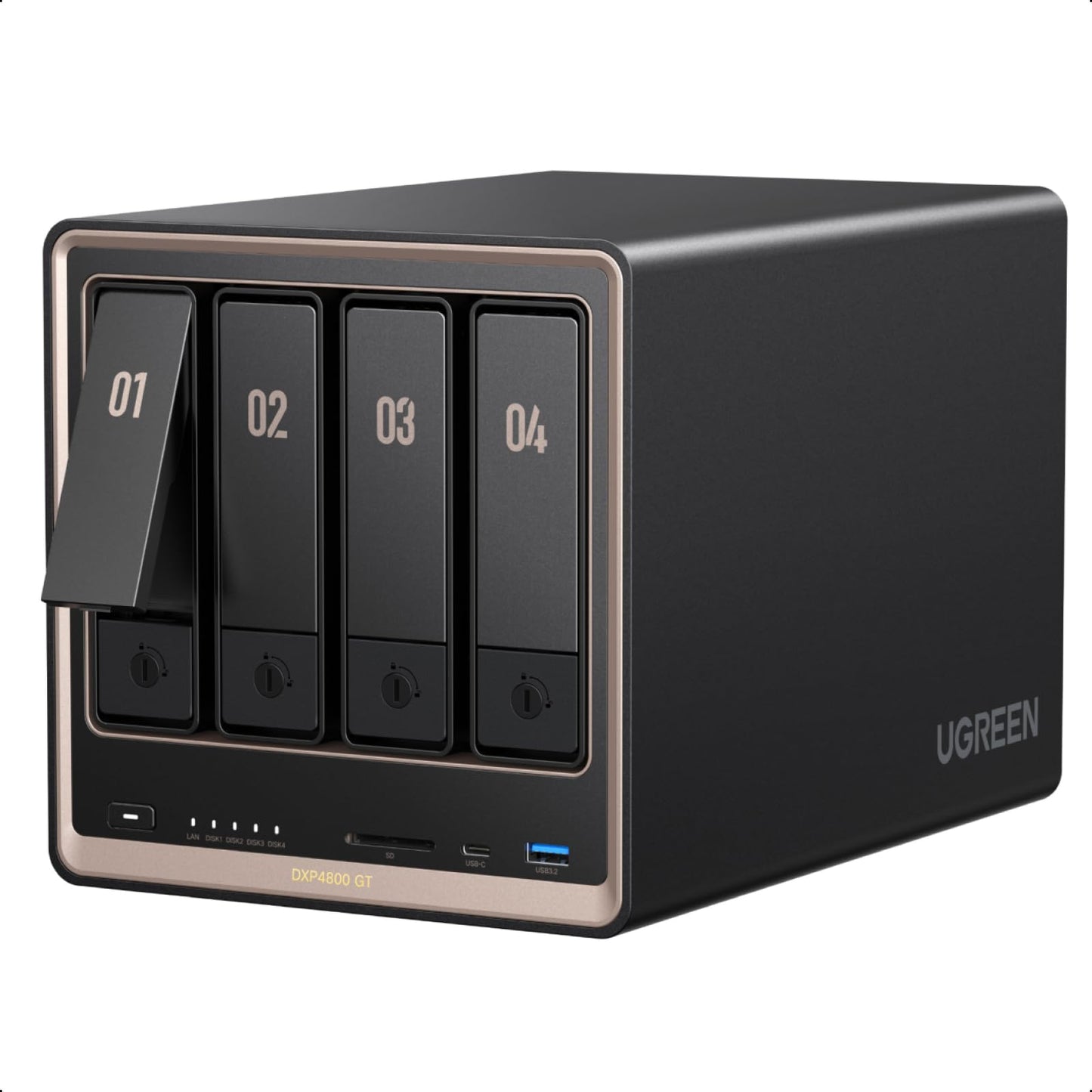 UGREEN NAS DXP4800 GT 4-Bay Desktop Network Attached Storage, AMD R2514 CPU, 8GB DDR4 RAM, 2X 10GbE, 2X M.2 NVMe Slots, 4K HDMI Ideal for Smart Home Enthusiasts, Creators, Office Teams (Diskless)