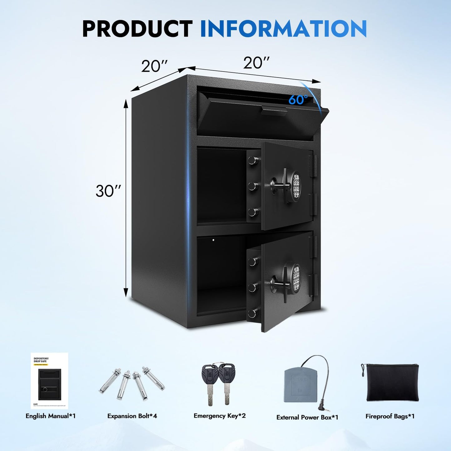 Drop Safe for Business, 9.5 Cuft Double Door Depository Safe with Drop Slot, Heavy Duty 14-Gauge Steel Money Safe with Digital Keypad, Anti-Fishing & Alarm & Fireproof Bag for Home Office Restaurant