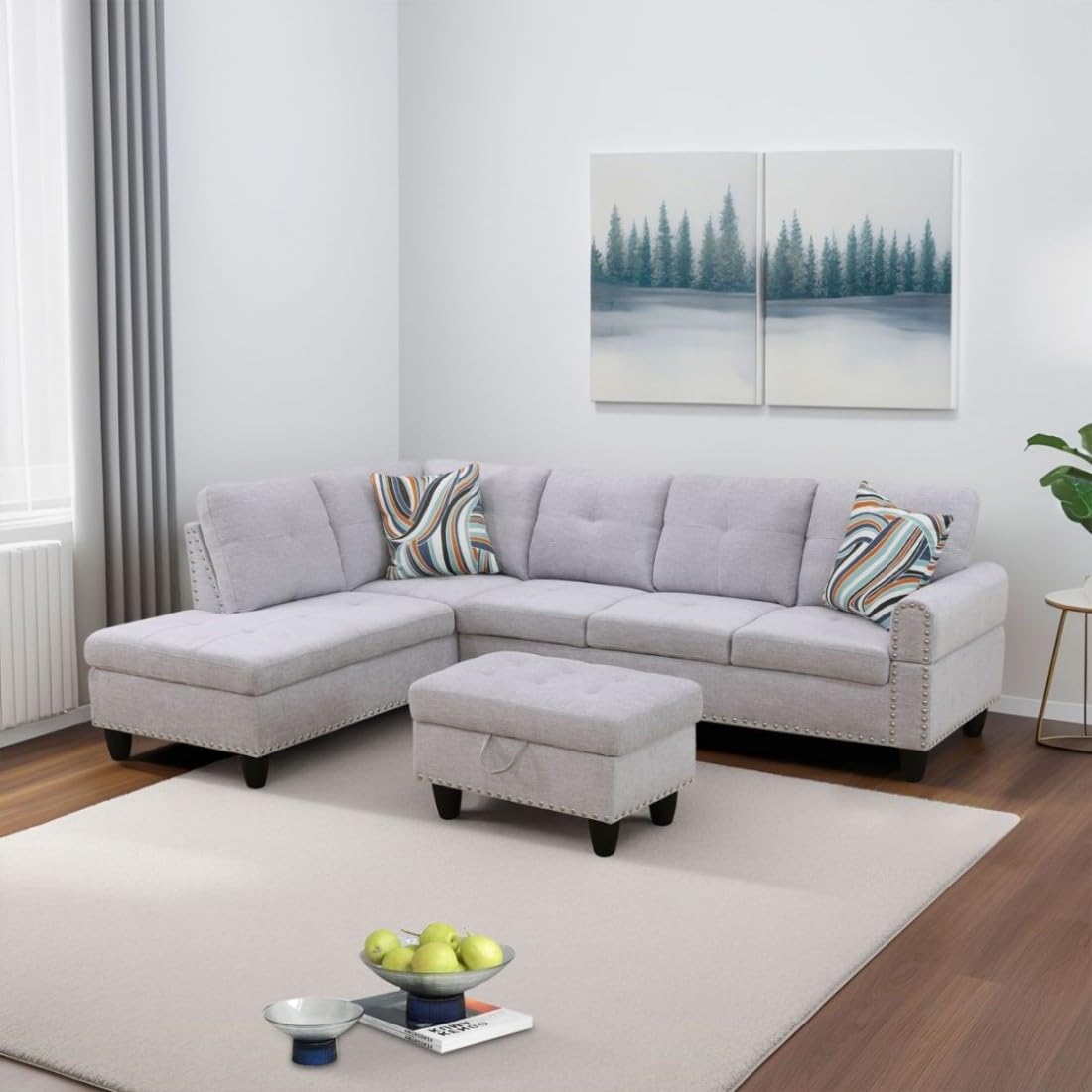 UOCFYK L-Shaped 3-Piece Flannel Sofa with Ottoman, Sectional Couch Set for Living Room, Office, Apartment, with Cup Holder, Grey White