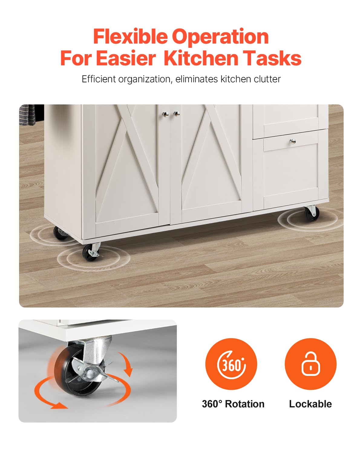 VEVOR Kitchen Island Cart, 45.3x39 inch Rolling Kitchen Table, Mobile Carts with Storage Cabinet and Solid Wood Top, Portable Islands with Wheels, Spice Rack, Towel Rack, Drop Leaf and Drawer, White