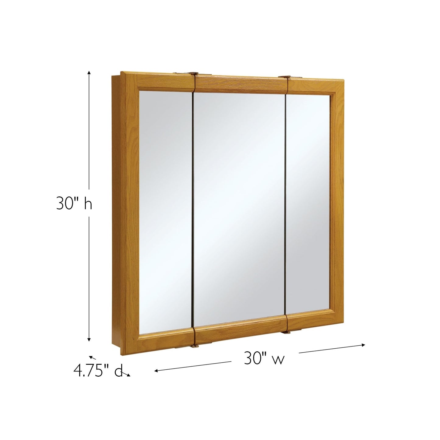 Pemberly Row Modern Wood Medicine Cabinet, Honey Oak Finish, 30-Inch Tri-View Mirror, Water-Resistant Design, 3 Doors and 2 Shelves, Decorative Bathroom Storage and Organization