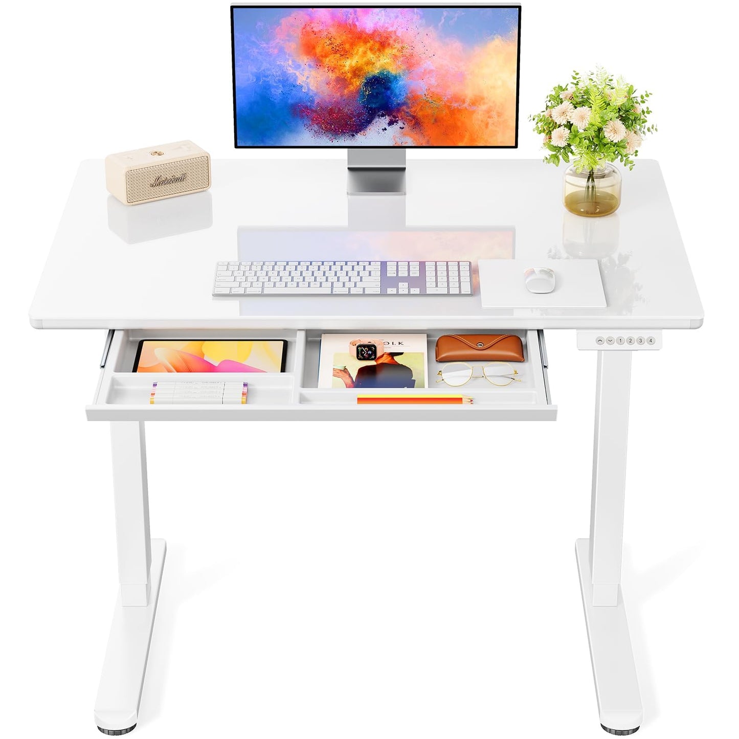 Marsail Glass Electric Standing Desk with Drawer, 40 x 24 Inches Height-Adjustable Desk, One-Piece Tempered Glass Top, Ergonomic Home Office Sit Stand Desk with 4 Preset Heights, White