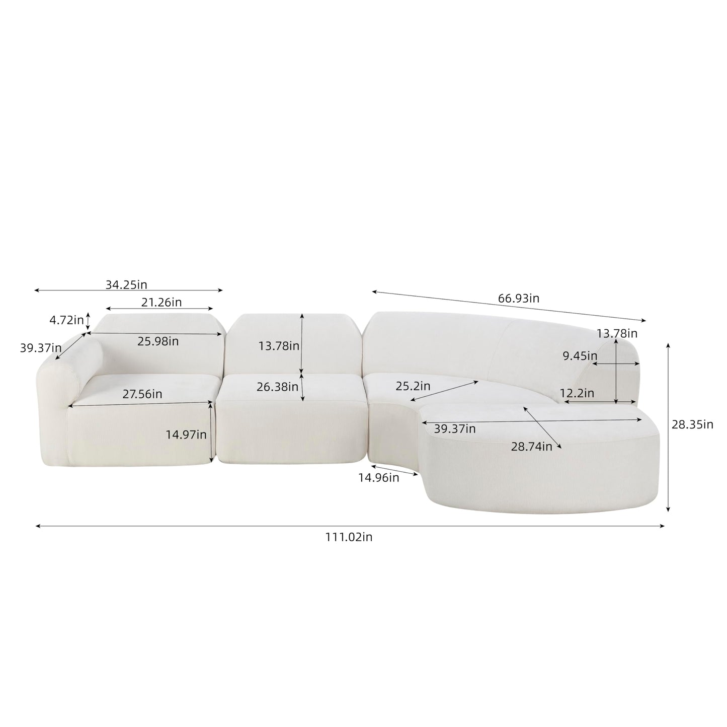 Christopher Knight Home Midel 111" Modular L-Shape Sofa Couch with Chaise Lounge, Modern Boneless Sofa for Living Room, Fabric Upholstered Cloud Couch with Deep Seat, Milky White