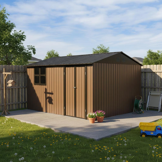 YOPTO 12x10 FT Outdoor Storage Shed,Metal Shed W/Goods Shelves & Window,Garden Tool House W/ 2 Vents & Lamp Hanging Hole & Apex Roof and Lockable Doors,for Backyard Patio Lawn,Brown