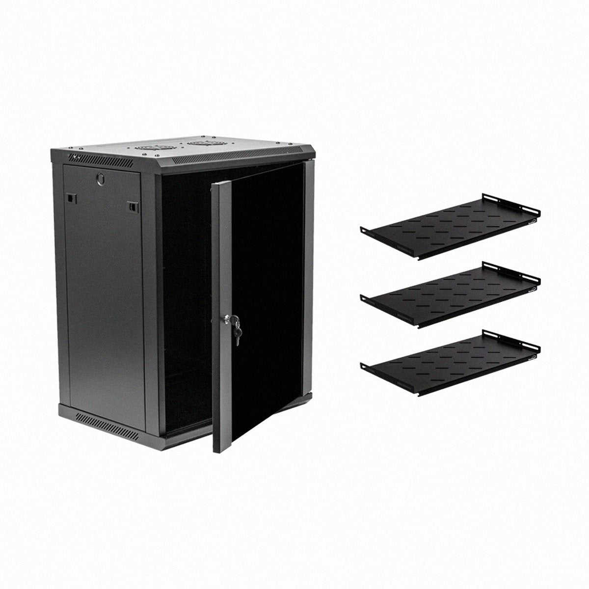 Navepoint 15U Deluxe IT Wallmount Cabinet Enclosure 19-Inch Server Network Rack with Locking Glass Door 16-Inches Deep Black with Shelves