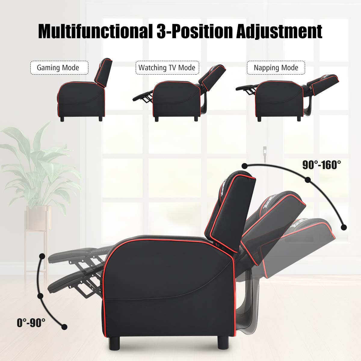 GLOBALWAY Gaming Recliner, Movie Theater Chair w/Adjustable Backrest & Footrest, Massage Lumbar Pillow, Racing Single Sofa, PU Leather Reclining Chair for Gaming Room, Home Theater (Red)
