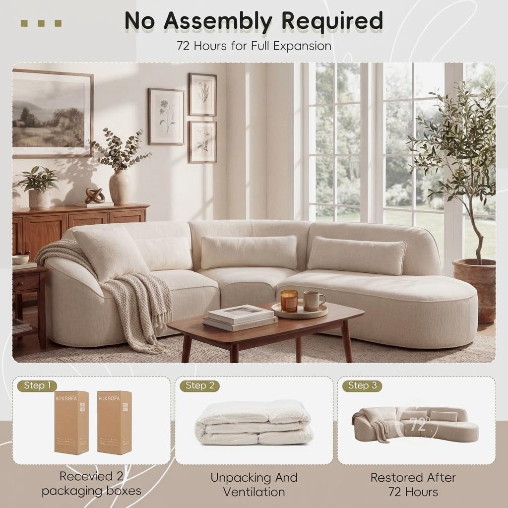 Merax 123.23" Curved Polyester Sectional Sofa Set, Modern Cloud Couch with Chaise Lounge & 3 Pillows & Right Hand Facing, High-Density Fully Compressed Sponge, Fully Assembled for Living Room, Beige