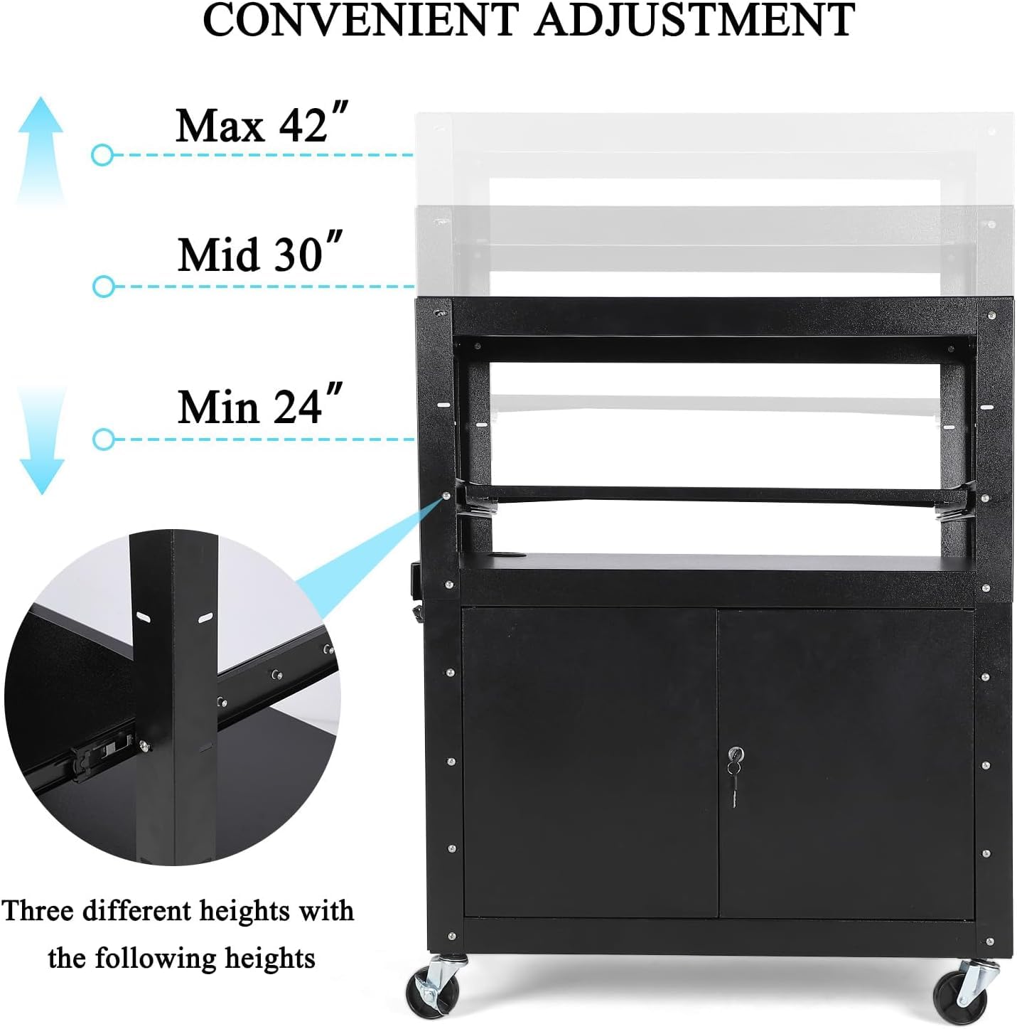 GAOMON Rolling AV Cart with Locking Cabinet, Laptop Stand, and Drop Leaves, Height Adjustable Mobile Utility Cart Workstation with Extra Storage Space, Power Strip