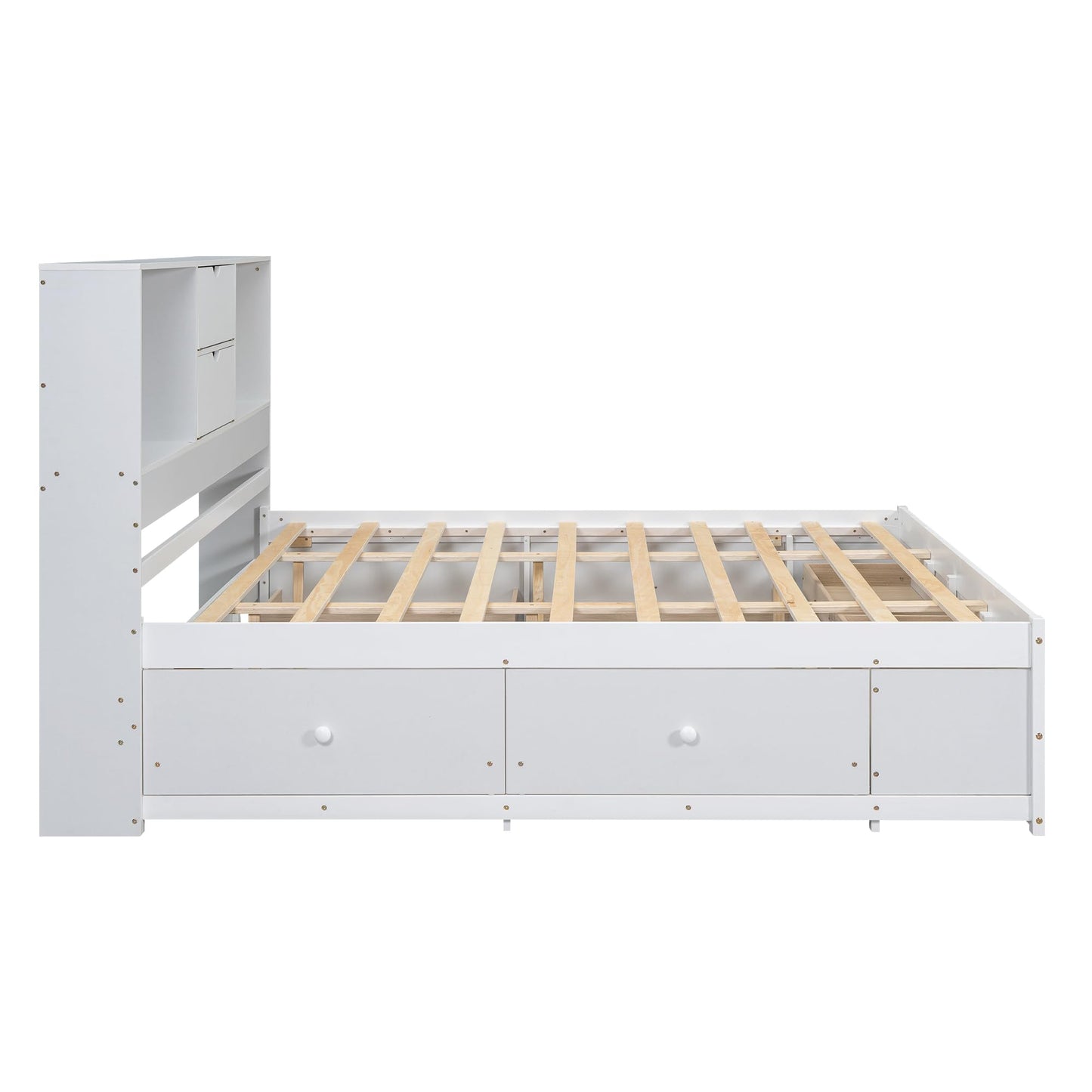 Merax Queen Size Bed Frame with Storage Headboard and 8 Drawers, Solid Wood Platform Bed, White