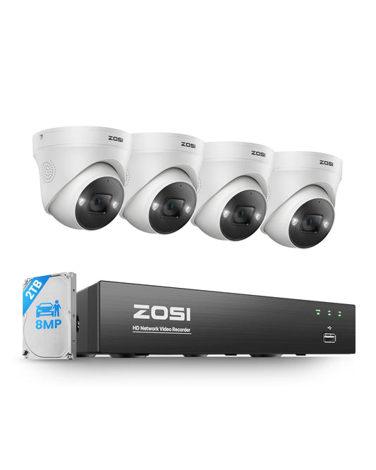 ZOSI 4K POE Security Camera System Outdoor, 4PCS 4K Spotlight Metal Wired Cameras for Home Security, Person Vehicle Detection, Color Night Vision, 8 Ports 16CH 8MP NVR with 2TB HDD for 24/7 Recording